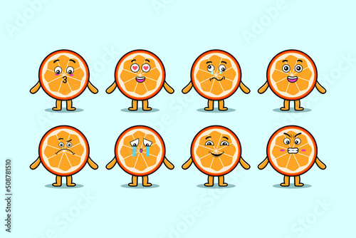 Set kawaii orange fruit cartoon character with different expressions of cartoon face vector illustrations