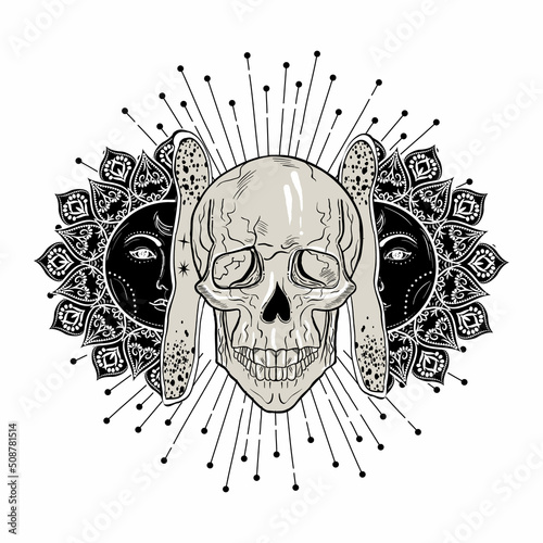 Tattoo art style illustration of open sun with skull inside.