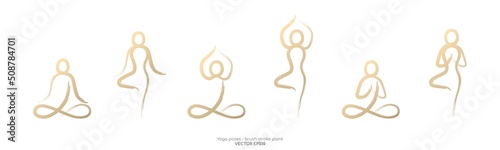 Set of yoga poses by abstract brush stroke paint gold isolated on white background. Vector illustration design  elements.