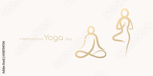 International yoga day, yoga body poses by abstract brush stroke paint gold isolated on white background. Vector illustration design for banner.