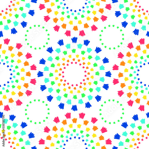 Seamless vector pattern with circle rainbow texture on white background. Happy summer doodle wallpaper design. Decorative geometrical fashion textile.