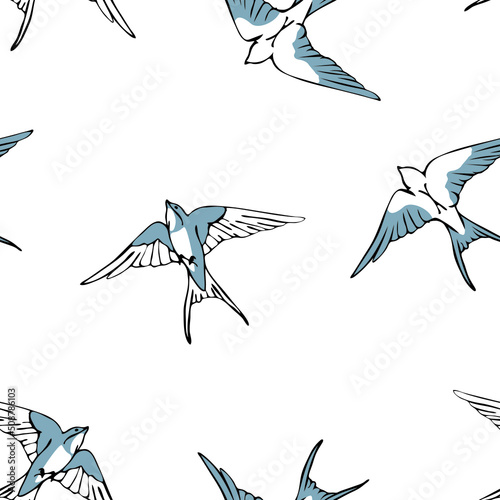 Seamless vector pattern with flock of birds on white background. Simple hand drawn swallow wallpaper design. Decorative bird sketch fashion textile.