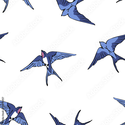 Seamless vector pattern with swallows on white background. Simple flock of birds wallpaper design. Decorative bluebird fashion textile.