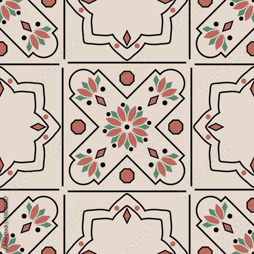 Seamless vector pattern with vintage wall tile on beige background. Simple home decor wallpaper design. Decorative retro ornate fashion textile.