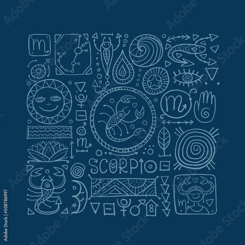 Illustration of Scorpio zodiac sign. Element of Water. Design of Astrology Ca...