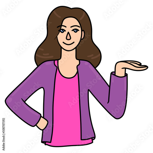 Woman in a purple sweater raises her hand in a questioning gesture flat cartoon illustration