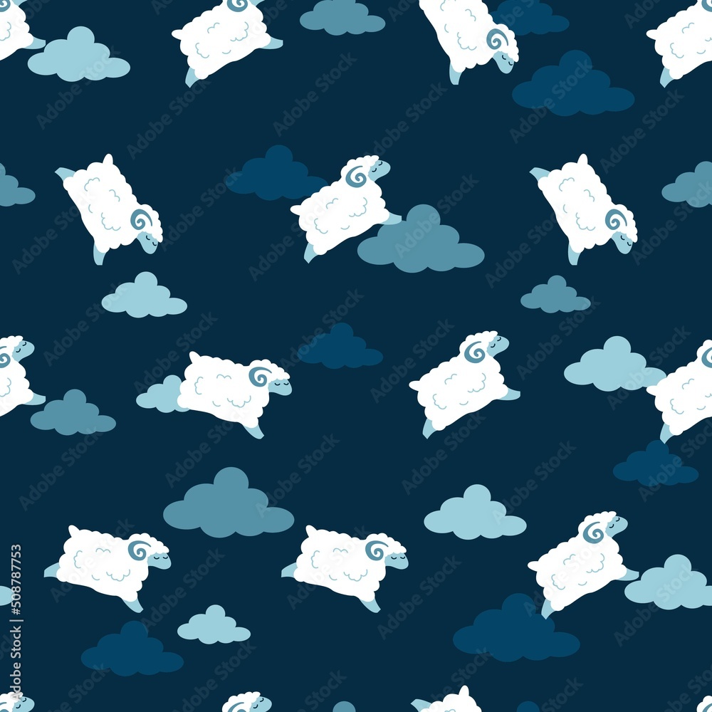 Dreaming Land with Flock of Sheep Vector Graphic Seamless Pattern
