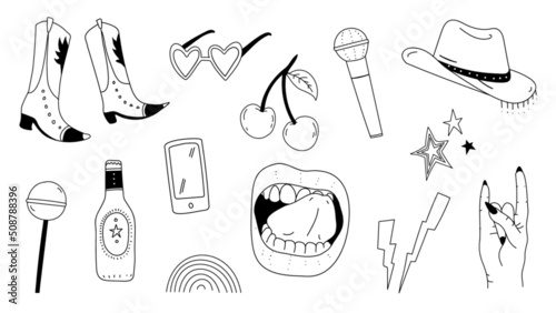 Music festival summer illustration set. Fun indie doodle style. Glam rock 