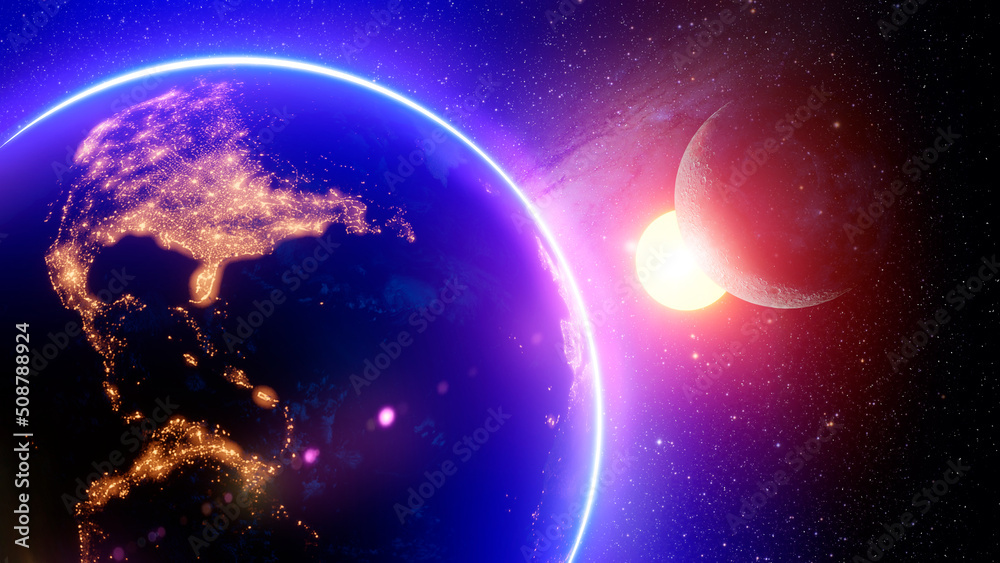 a beautiful cosmic background with the earth and the moon shining from the city of America and the bright star of the sun. 3d render, 3d illustration