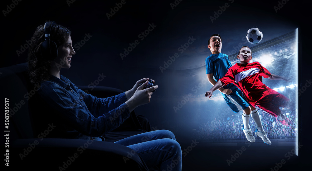 Fototapeta premium Woman watching footbal game . Mixed media