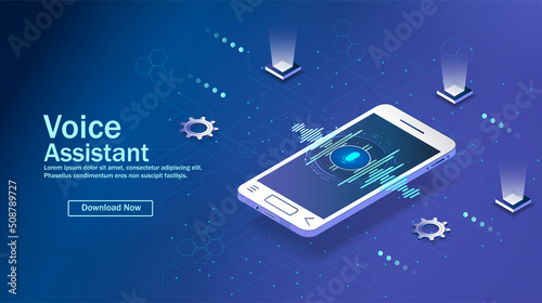 Voice assistant of the modern concept. Sound waves equalizer on your smartphone . The concept of a voice assistant. Microphone voice control technology, voice and sound recognition. Vector