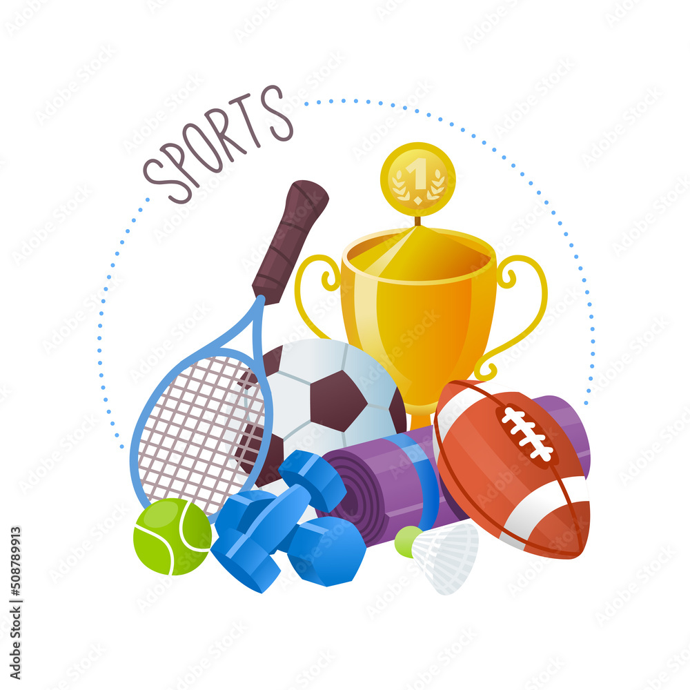 Vettoriale Stock Collection of sports equipment commonly sold at a  supermarket. Circle label for a sports goods department or online store.  Isolated vector image. | Adobe Stock