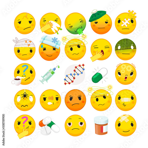 Collection of health issues and illness symptoms emoticons. Health care and treatment emoji. Isolated vector emoji for clinic infographics.  Part 2 of 2