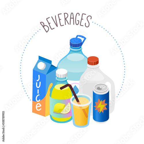 Circle label for beverages department of a grocery store or online  marketplace. Isolated vector illustration with group of cans bottles cartons and glasses. 