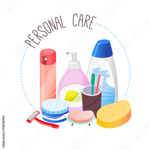 Circle label for hygienic supplies and cosmetics department in grocery store. Personal care goods. Isolated vector image