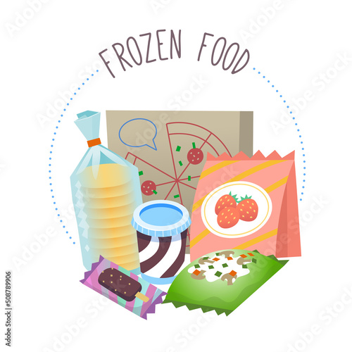 Circle label for frozen food section of a grocery store or online  marketplace. Isolated vector illustration with  fruit and vegetables, pancakes ice cream and pizza.