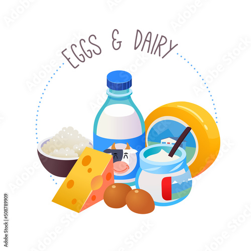 Circle label for dairy department of a grocery store or online  marketplace. Isolated vector illustration with group of milk, cheese and eggs. 