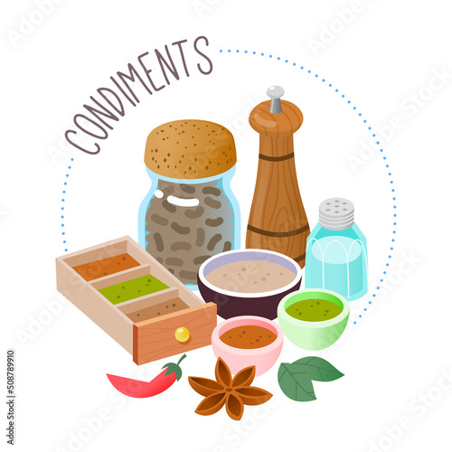 Circle label for herbs spice and condiments section of a grocery store or online  marketplace. Isolated vector illustration with a pile of organic goods