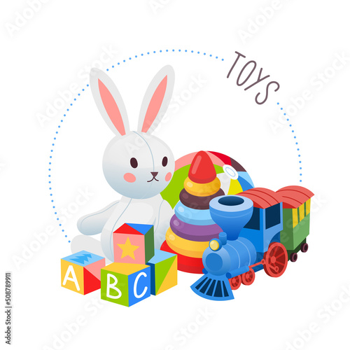 Collection of toys. Circle label for a toys and games goods at supermarket department or online store. Isolated vector image.