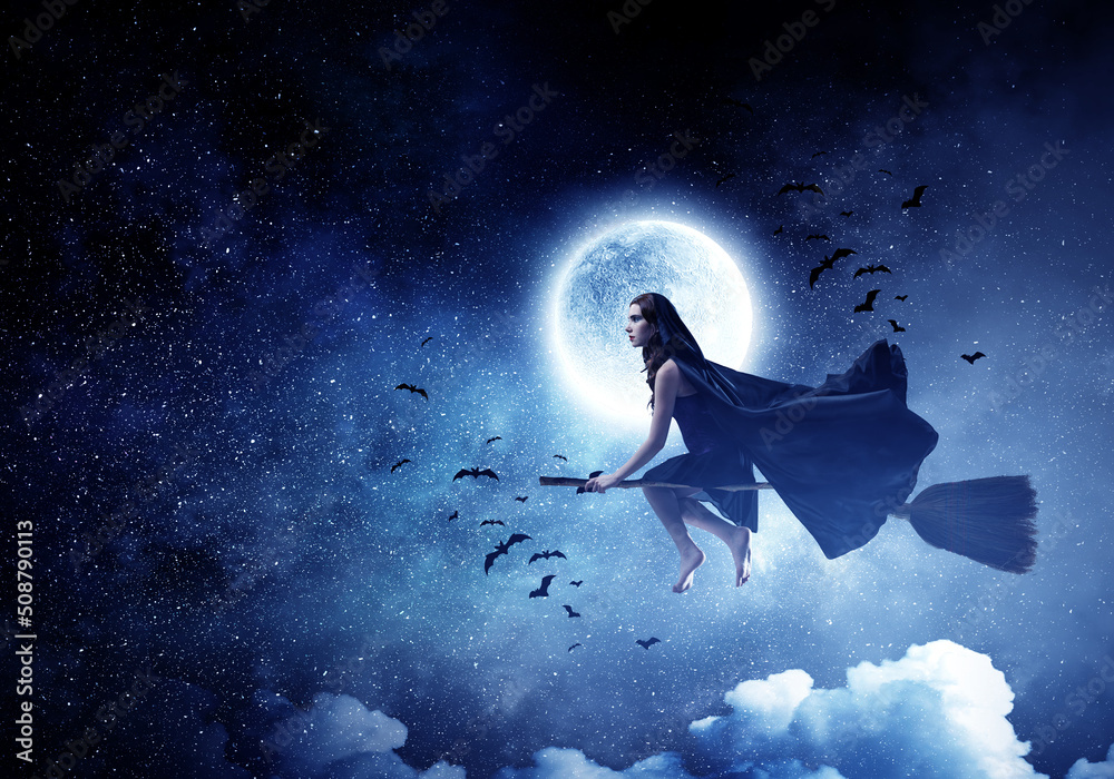 Fototapeta premium Witch on the broom . Mixed media