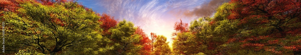 Autumn landscape, autumn forest in the sun, 3d rendering