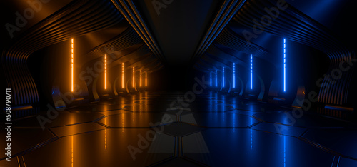 Fototapeta Naklejka Na Ścianę i Meble -  Sci Fy neon lamps in a dark corridor. Reflections on the floor and walls. 3d rendering image.
