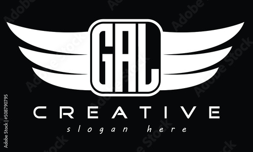 GAL three Letter Wings Flying Initial wing symbol minimalist creative concept flag icon professional logo design Vector template