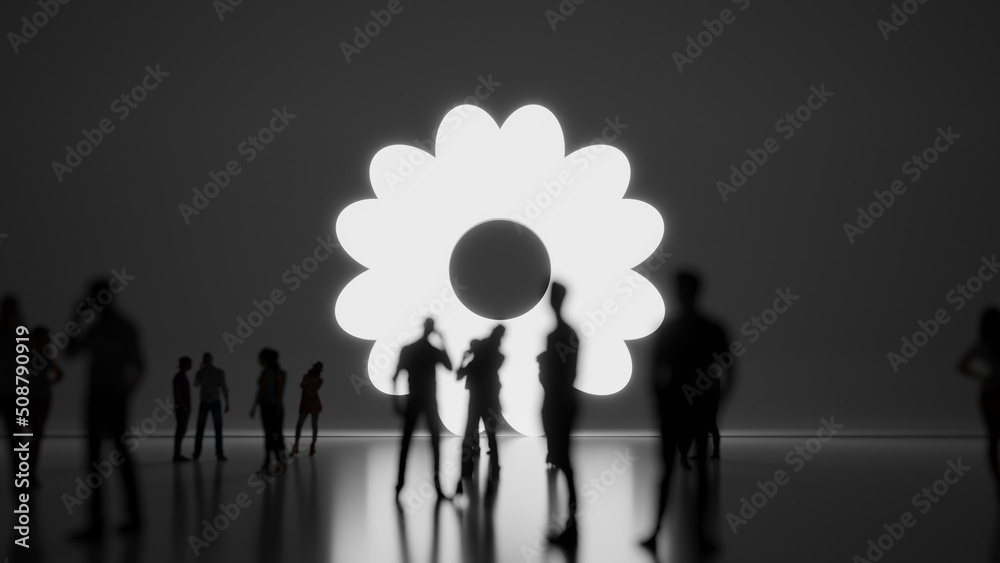 3d rendering people in front of symbol of daisy flower on background