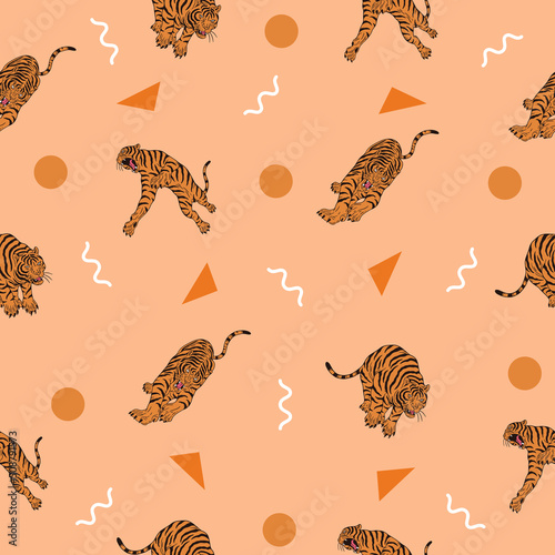 Fototapeta Naklejka Na Ścianę i Meble -  cute many tiger animal seamless pattern white and orange object wallpaper with design.