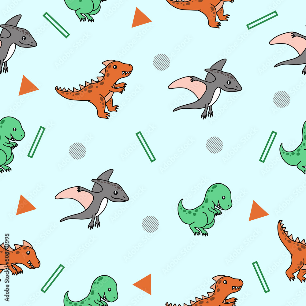 Naklejka premium cute many colorful dinosaur animal seamless pattern colorful object wallpaper with design greenish blue.