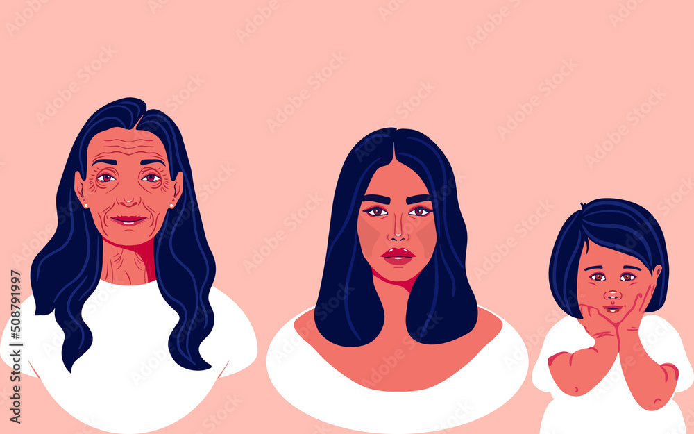 Generation of women. Women of different ages. illustration, flat design. Grandmother, mother and daughter together Generation of women. Women of different ages. illustration, flat design. Grandmother, mother and daughter together