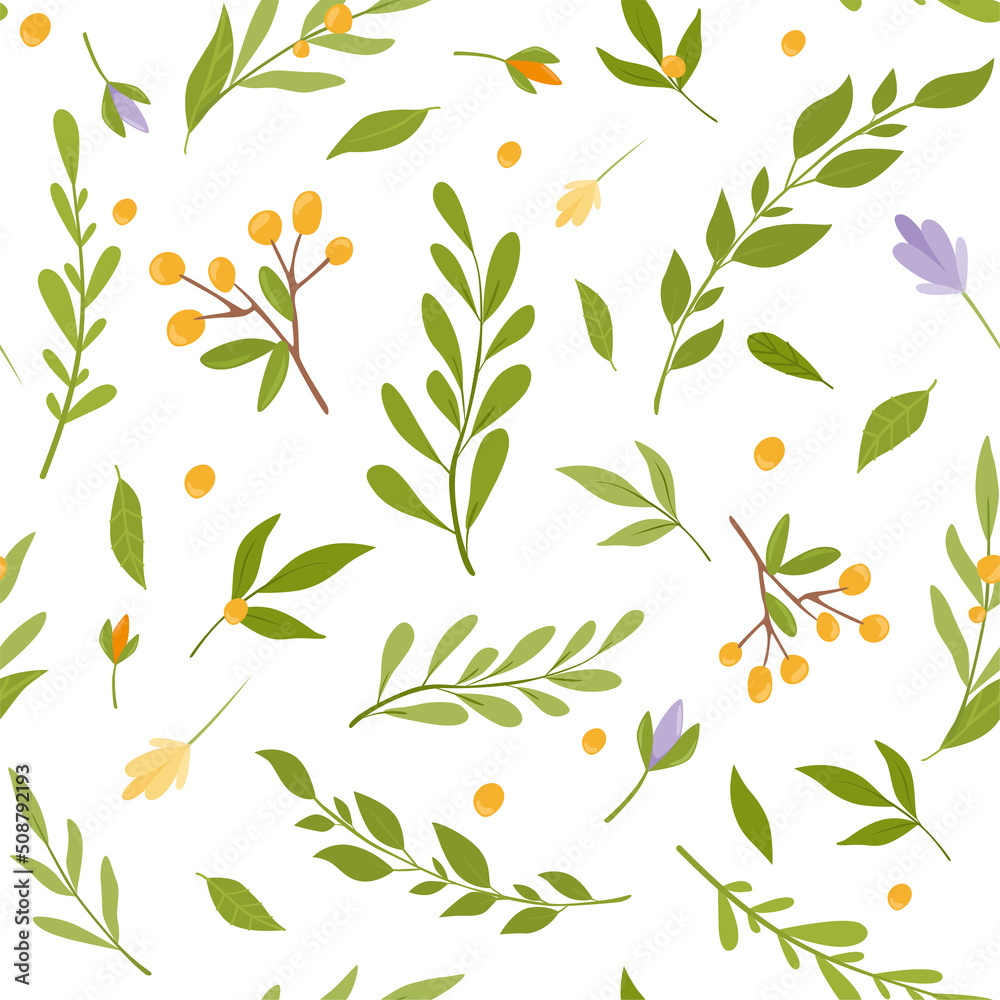 Vector style spring pattern with flowers and leaves. Gentle, spring floral background.