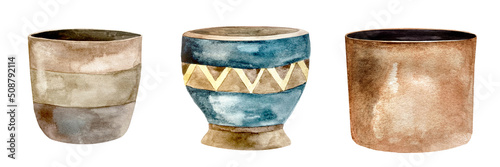 Set of watercolor ceramic garden plants and flowers pots. Background with various color flowerpots.