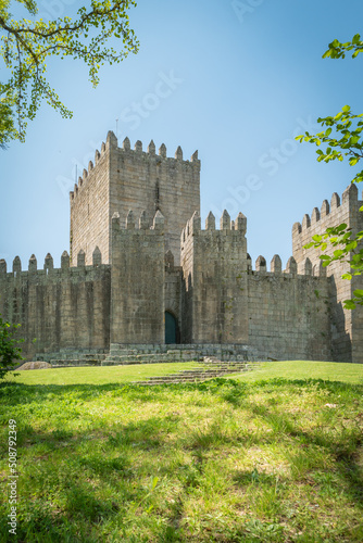 The Castle of Guimaraes in the northern region of Portugal. It was built at the end of the 13th century following French influences.