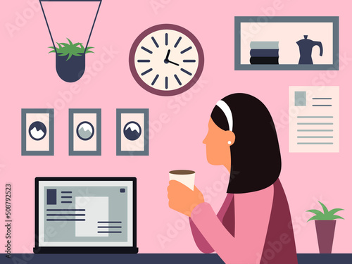 cartoon flat girl drinking coffee in cafe with laptop workspace freelance job character vector illustration
