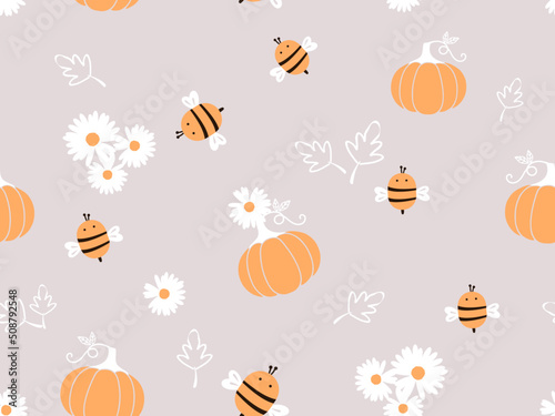 Seamless pattern with bee cartoons, leaves, cute flower and pumpkins on grey background vector.