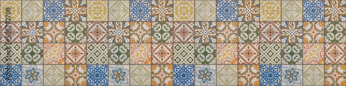 Εκτύπωση καμβά Old colorful seamless flowers leaves vintage geometric shabby mosaic ornate patchwork motif porcelain stoneware tiles, square mosaic stone concrete cement tile mirror wall texture background panorama