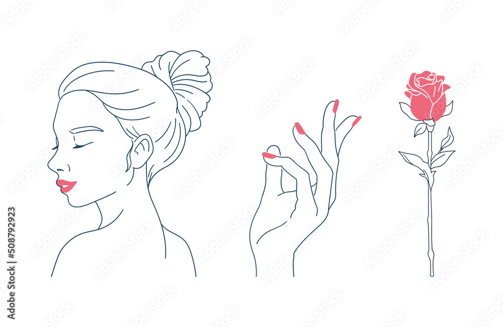 美容のイメージイラスト. 女性の横顔, マニキュアを塗った指, 薔薇の花. シンプルな線画. ベクターイラストのアイキャッチ. 白背景.