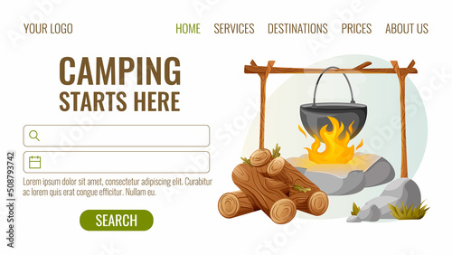 Camping, firewood with bonfire, iron cauldron, stones and leaves, vector illustration, cartoon style. Concept of travel, journey, outdoor recreation in summer. Design for website, banner, poster.