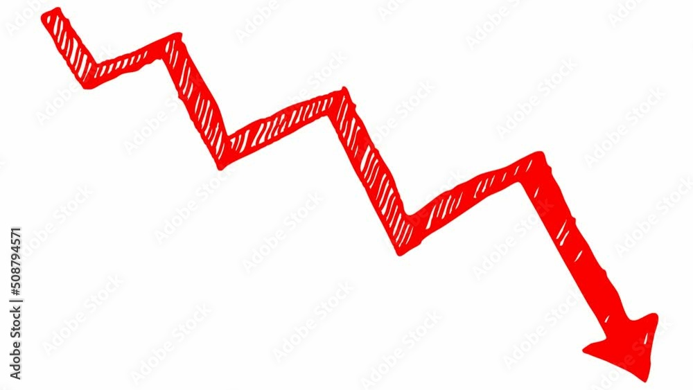 Animated red arrow. Recession chart of economy. Economic crisis, recession, decrease graph. Profit down. Hand drawn vector illustration isolated on white background.
