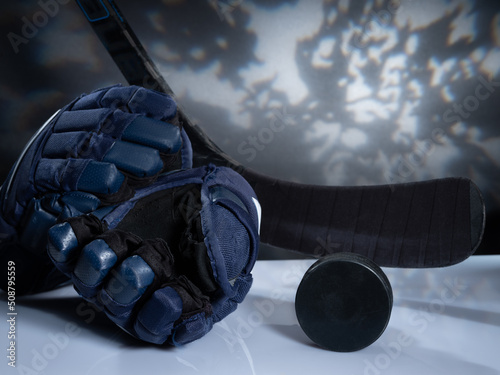 Photography Closeup of ice hockey equipment against a dark background
