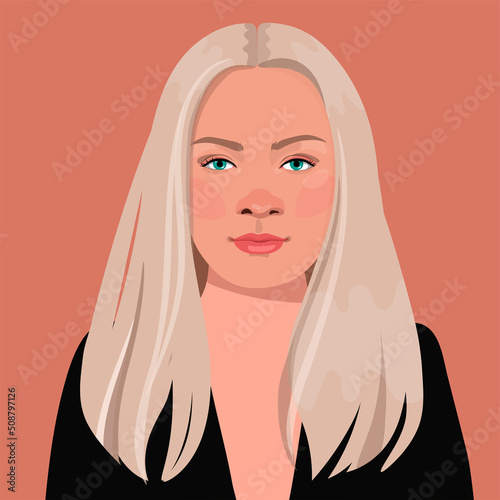young blonde woman. semi-profile. in a  in a black shirt .  Avatar for a social network.  fashion illustration isolated on background.