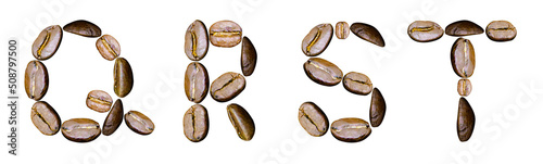Letters Q, R, S, T from coffee beans on a white background
