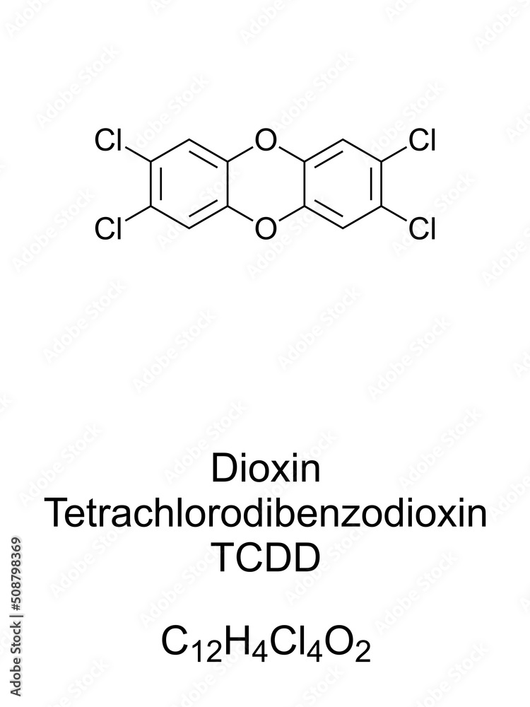 Dioxin, TCDD, Tetrachlorodibenzodioxin, chemical formula and structure. Organic pollutant. Known as contaminant in herbizide Agent Orange. It was released into the environment in the Seveso disaster. Dioxin, TCDD, Tetrachlorodibenzodioxin, chemical formula and structure. Organic pollutant. Known as contaminant in herbizide Agent Orange. It was released into the environment in the Seveso disaster.