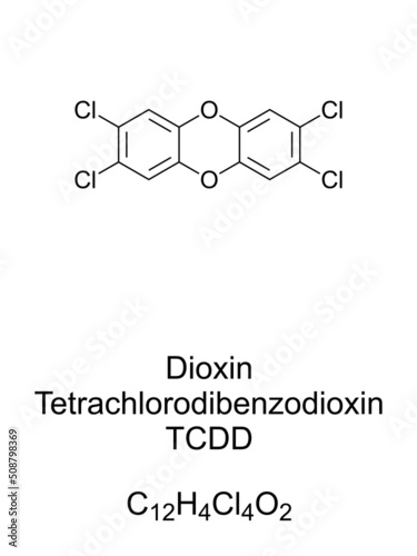 Dioxin, TCDD, Tetrachlorodibenzodioxin, chemical formula and structure. Organic pollutant. Known as contaminant in herbizide Agent Orange. It was released into the environment in the Seveso disaster.