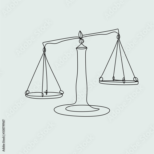 One line drawing of law balance, or Scale icon, symbol of court and firm. Vector illustration continuous hand drawn minimalism design.
