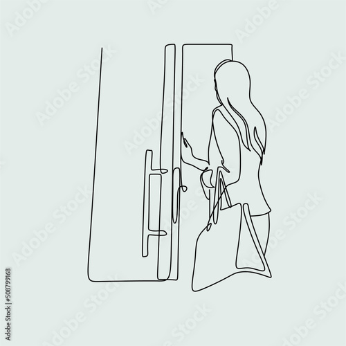 woman goes to the office. woman comes out the door, business single line drawing