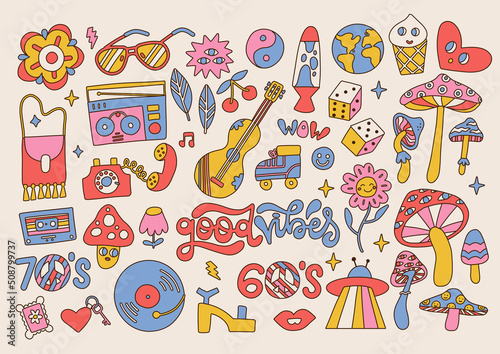 Big set of Retro 70s groovy elements, cute funky hippy stickers. Linear daisy flowers, mushrooms, peace sign, heart, radio in vintage hippie style . Positive symbols. Vector hand drawn illuistration.