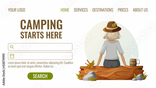 Camping, girl sits on the log, mug with hot beverage, hat with oak leaves, vector illustration, cartoon style. Concept of travel, journey, outdoor recreation in summer. Design for website, banner