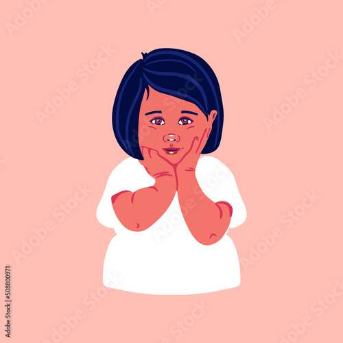 Little cute girl is shy and holds her face with her palms. Portrait of a cute little happy child. Vector flat illustration